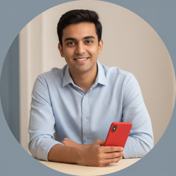 Circular portrait of Arjun Mehta, a smiling young South Asian man, holding an iPhone 11. He looks at the camera.