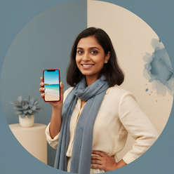 Priya Sharma, a South Asian woman, smiles while holding an iPhone 11, its screen visible, against a clean background.