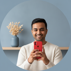 Portrait of Vikram Patel, a South Asian man, holding an iPhone 11 and smiling, against a dusty blue background.