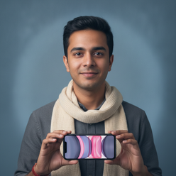 Portrait of Rohan Deshmukh, a young Indian man, holding an iPhone 11 against a clean slate blue background.