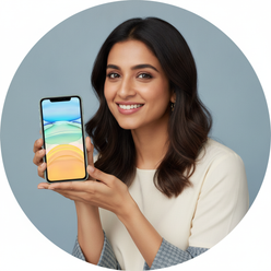 Circular portrait of Sanya Malhotra, a South Asian woman, smiling while holding an iPhone 11 64GB Unlocked. The phone's displ