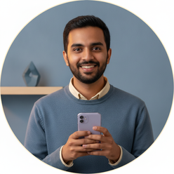 Portrait of a smiling young Indian man, Ishaan Iyer, holding an iPhone 11, against a dusty blue background.