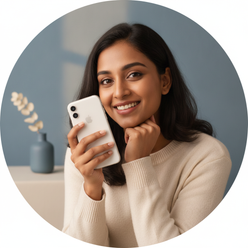 Portrait of Meera Reddy, a South Asian woman, smiling and holding an iPhone 11 against a dusty blue background.
