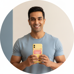 Aditya Rao, a South Asian man, smiles while holding an iPhone 11, its screen visible.